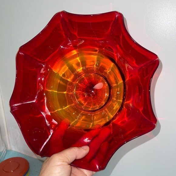 Blenko Vintage Amberina Ruffle Bowl Red Size Large Mid Century Modern MCM Orange - Picture 10 of 12